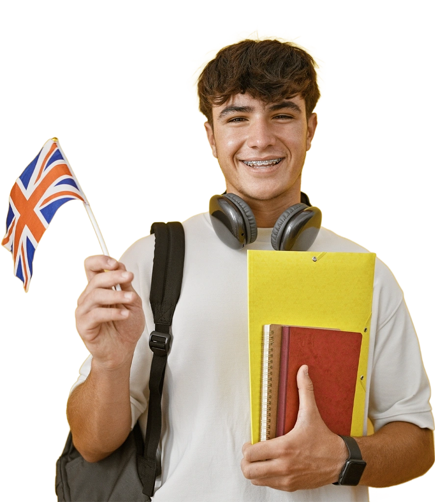 student holding england flag and copybooks