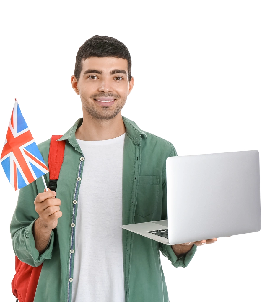 student holding england flag and laptop