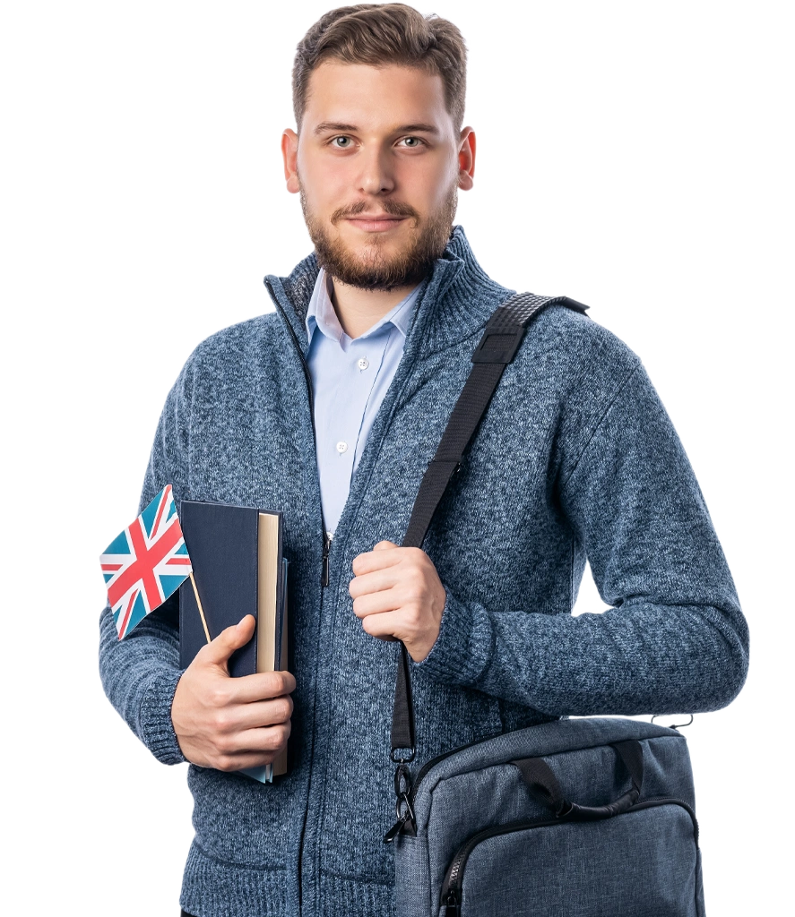 young man holding england flag and copybooks and backpack